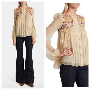 Chloe Shirred Embroidered Plisse Blouse